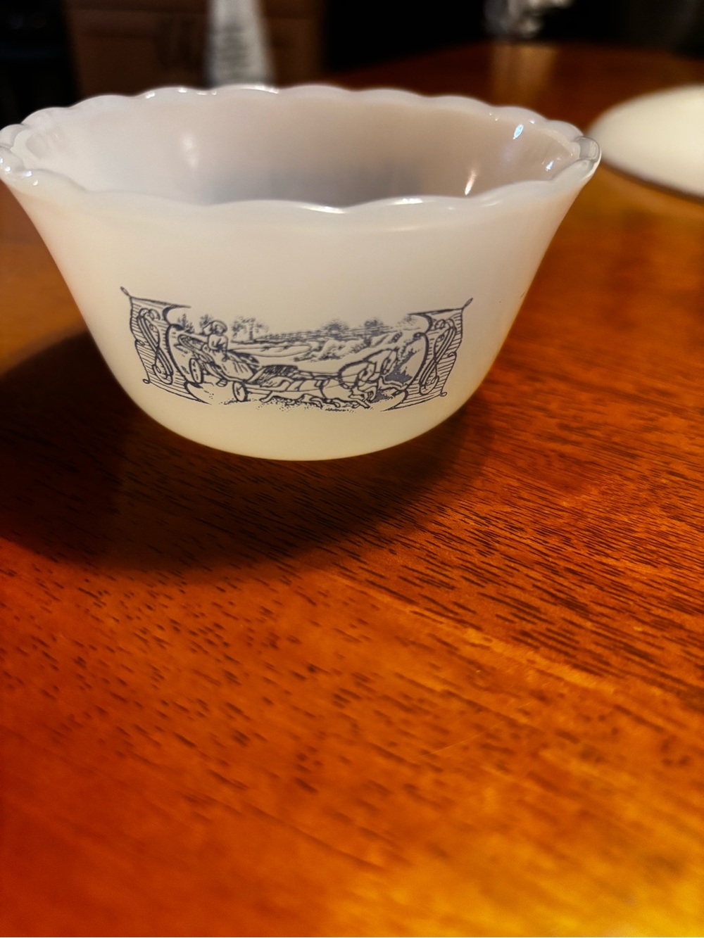 Currier and Ives Vintage-Style Milk White Bowl with Blue Scenic Motif